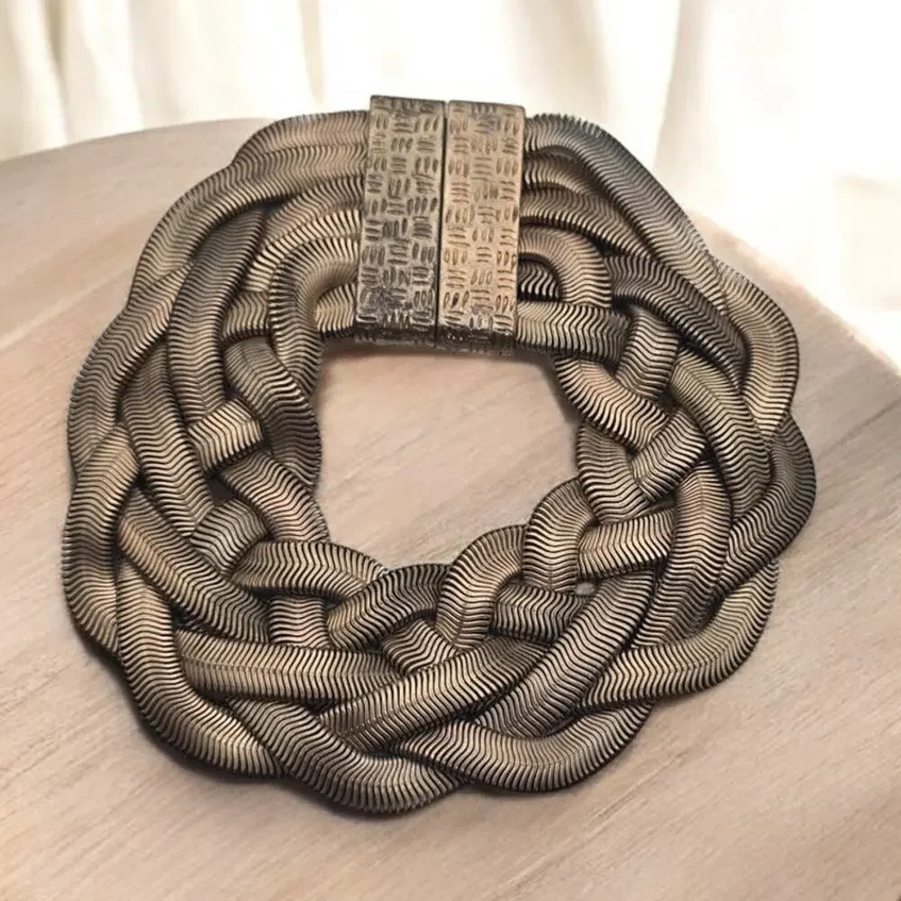 Woven Gold Tone Herringbone Bracelet Sculptural Statement Quiet Luxury